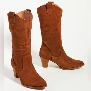 Anthropologie Chocolate Brown Suede Slouchy Mid-Calf Heeled Boots size 38